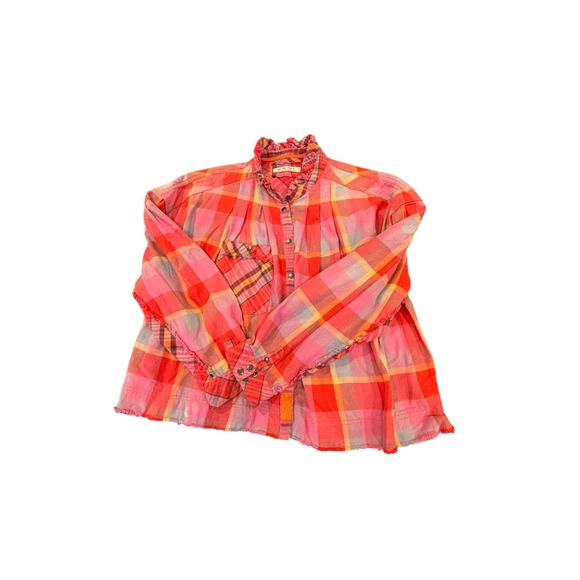 We The Free Tops - We The Free Red Plaid Ruffled Collar Button Up Shirt Women's- L